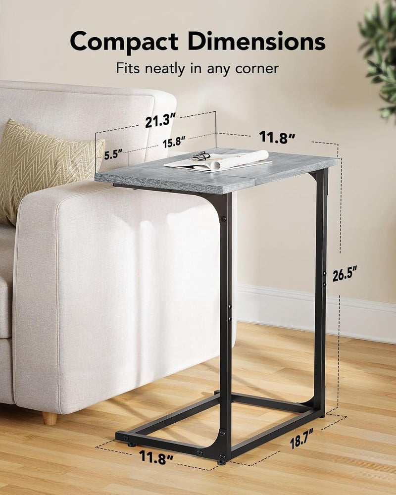 Pipishell C-Shaped Side Table, C Table for Sofa with Two-Piece Desktop & Metal Frame, Large Surface End Table for Living Room, Bedroom, Bedside, Rustic Design, Grey - Image 2